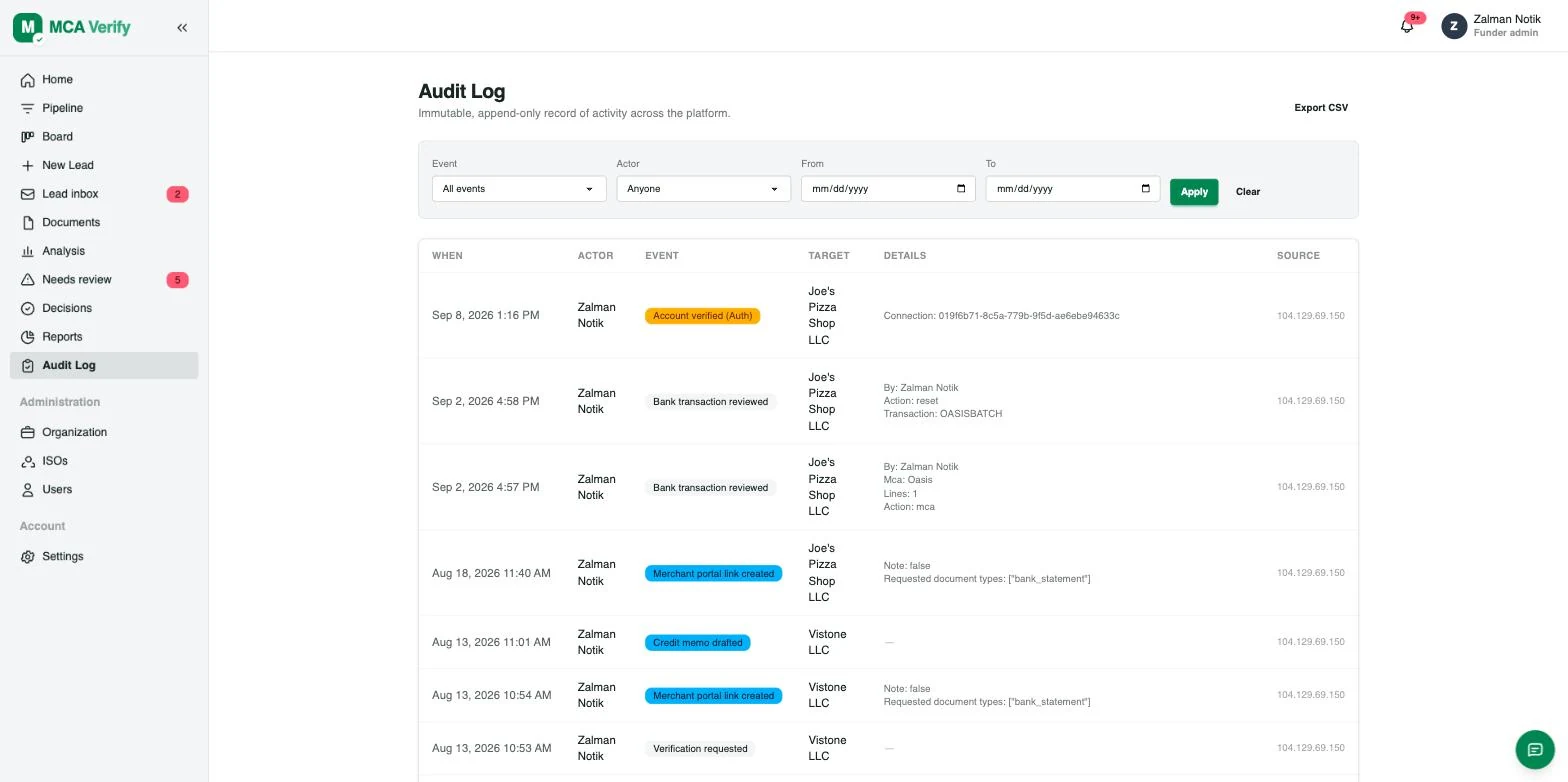 The platform-wide audit log in MCA Verify