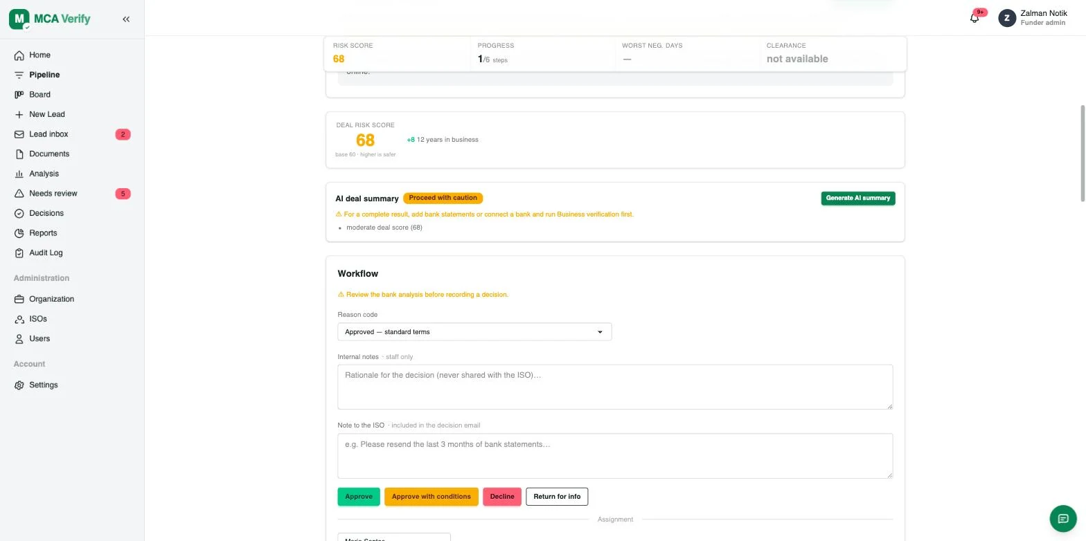 The workflow decision panel with approve, approve with conditions, decline and return options