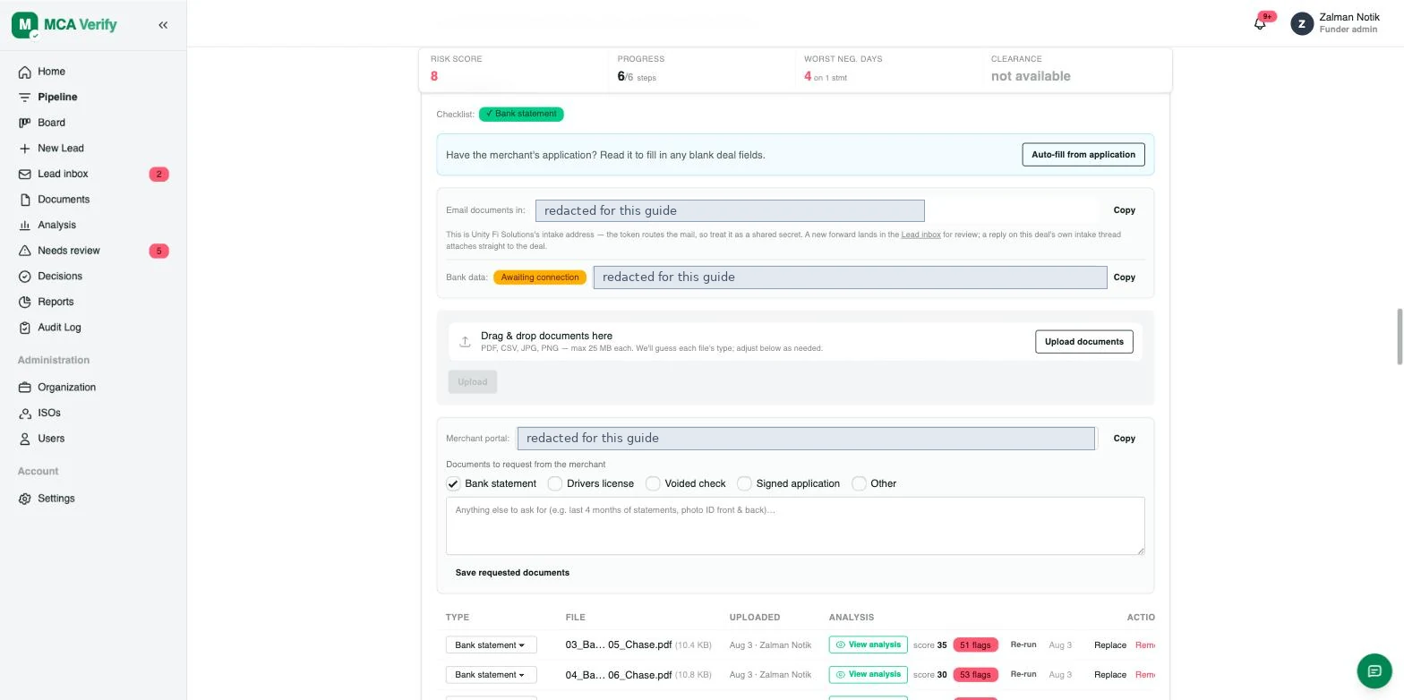 The documents panel on an MCA Verify deal with upload, intake address and merchant portal link