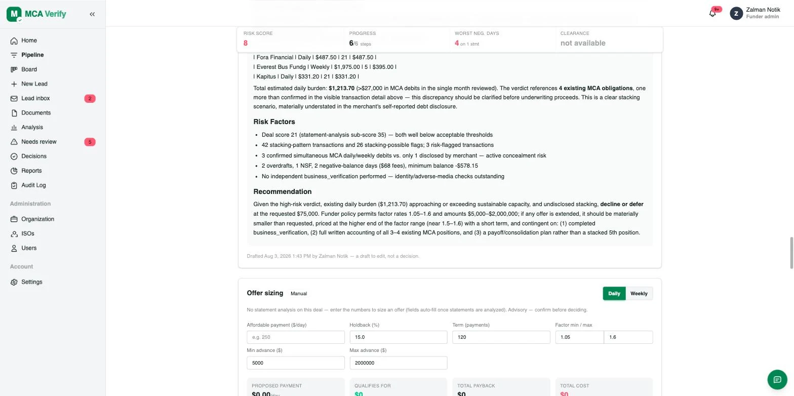 Credit memo risk factors and recommendation section