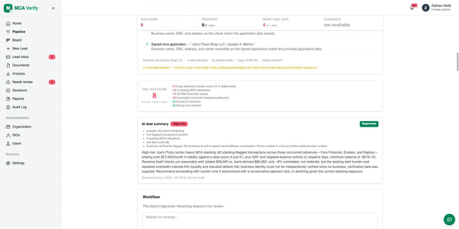 Deal risk score breakdown with itemised adjustments and AI deal summary