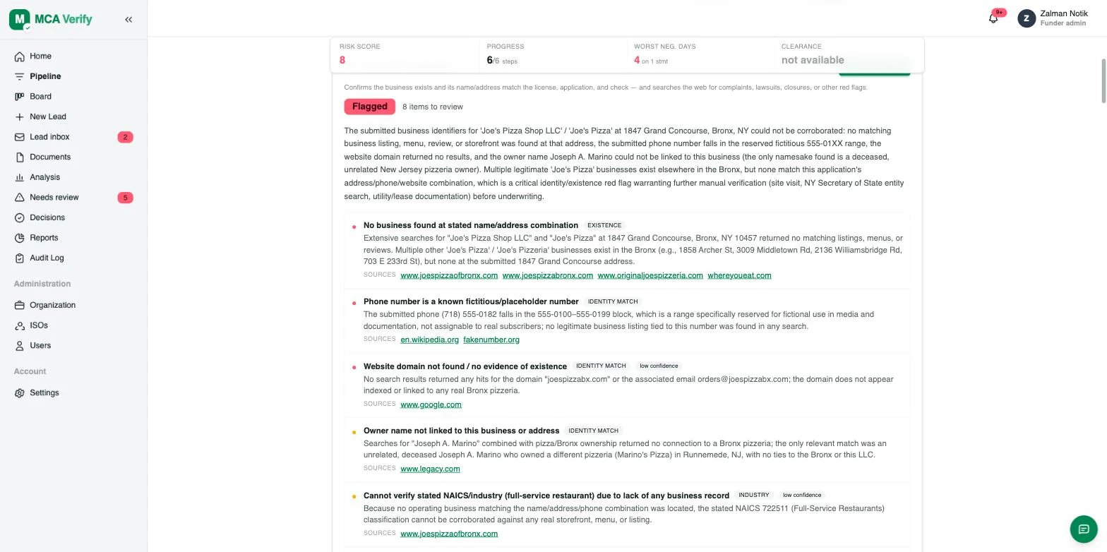 Business verification summary showing a flagged result with items to review