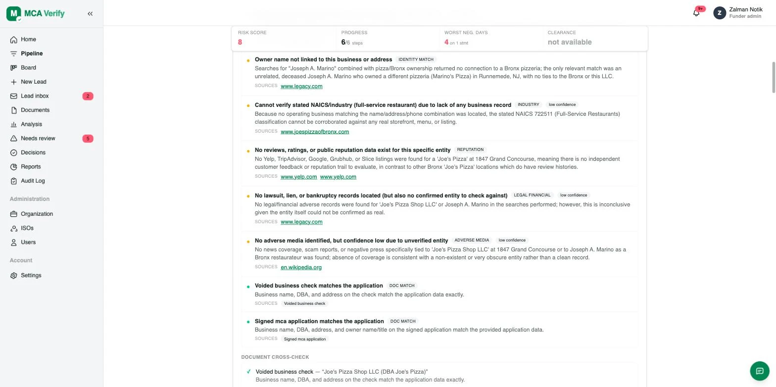 Individual business verification findings with categories and source links
